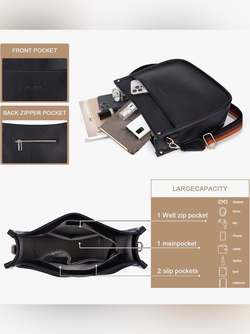 Adore Black Crossbody Bag with Striped Strap - Picture 6 of 7